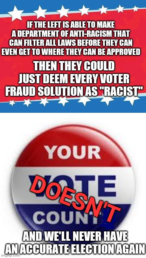 2020 was just the beginning. And they wanna accuse Trump of cheating. If he did he isn't as good at it as the left is. | IF THE LEFT IS ABLE TO MAKE A DEPARTMENT OF ANTI-RACISM THAT CAN FILTER ALL LAWS BEFORE THEY CAN EVEN GET TO WHERE THEY CAN BE APPROVED; THEN THEY COULD JUST DEEM EVERY VOTER FRAUD SOLUTION AS "RACIST"; DOESN'T; AND WE'LL NEVER HAVE AN ACCURATE ELECTION AGAIN | image tagged in campaign sign,vote,politics,voter fraud,department of antiracism,communism | made w/ Imgflip meme maker