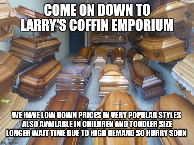 Coffin Emporium | COME ON DOWN TO LARRY'S COFFIN EMPORIUM; WE HAVE LOW DOWN PRICES IN VERY POPULAR STYLES 
ALSO AVAILABLE IN CHILDREN AND TODDLER SIZE
LONGER WAIT TIME DUE TO HIGH DEMAND SO HURRY SOON | image tagged in coffins | made w/ Imgflip meme maker