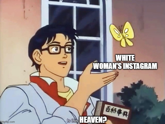 Bo's query | WHITE WOMAN'S INSTAGRAM; HEAVEN? | image tagged in anime butterfly meme | made w/ Imgflip meme maker