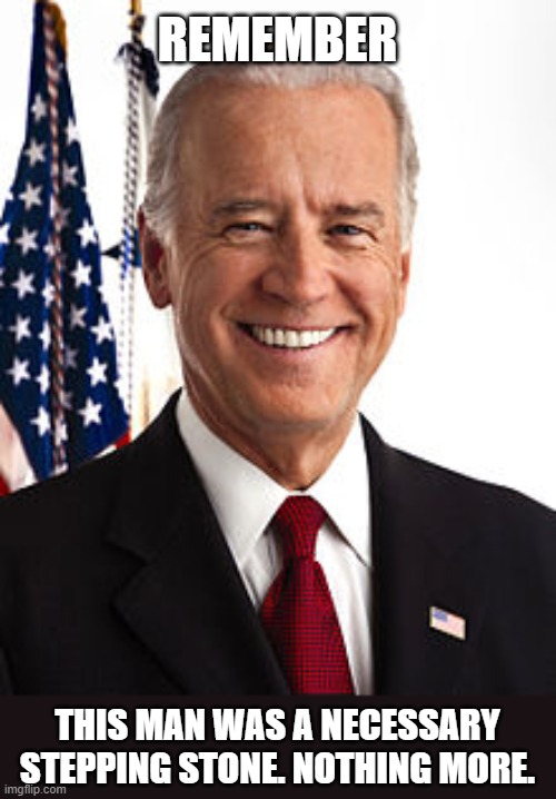 we find someone better, and he get's yeeted on election day unless we absolutely have to do a repeat of 2020 | REMEMBER; THIS MAN WAS A NECESSARY STEPPING STONE. NOTHING MORE. | image tagged in memes,joe biden | made w/ Imgflip meme maker