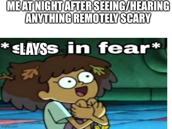 Shaia | ME AT NIGHT AFTER SEEING/HEARING ANYTHING REMOTELY SCARY; LAYS | made w/ Imgflip meme maker
