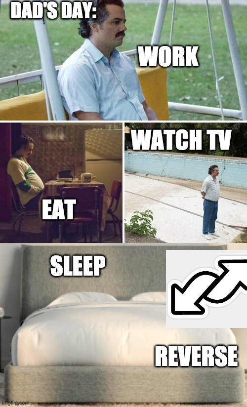 DAD'S DAY:; WORK; WATCH TV; EAT; SLEEP; REVERSE | image tagged in memes,sad pablo escobar | made w/ Imgflip meme maker