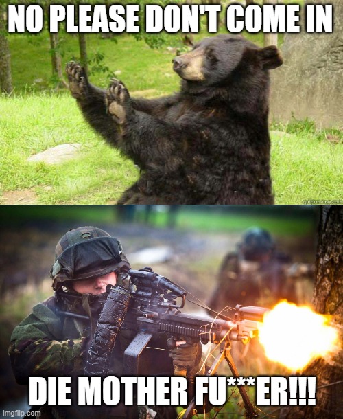 NO PLEASE DON'T COME IN DIE MOTHER FU***ER!!! | image tagged in how about no bear | made w/ Imgflip meme maker