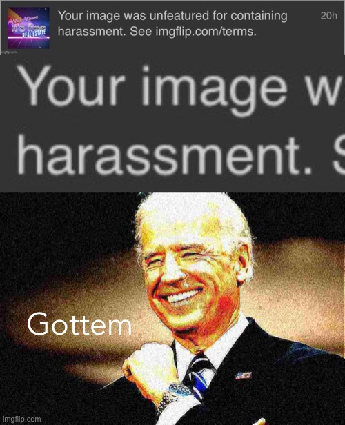 How on God’s green earth is a retro wave meme stating a general point about politics stream “harassment”? Oh well. Self-cringe | Gottem | image tagged in joe biden fist deep-fried | made w/ Imgflip meme maker