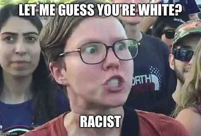 Triggered Liberal | LET ME GUESS YOU’RE WHITE? RACIST | image tagged in triggered liberal | made w/ Imgflip meme maker