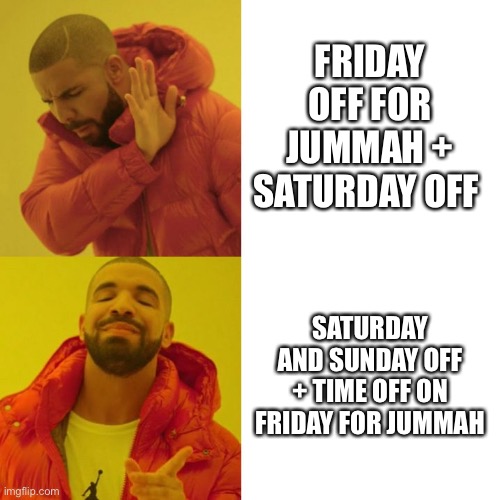 Drake Blank | FRIDAY OFF FOR JUMMAH + SATURDAY OFF; SATURDAY AND SUNDAY OFF + TIME OFF ON FRIDAY FOR JUMMAH | image tagged in drake blank,Izlam | made w/ Imgflip meme maker