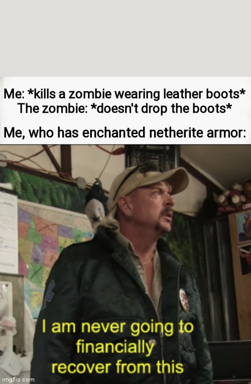 Me: *kills a zombie wearing leather boots*

The zombie: *doesn't drop the boots*; Me, who has enchanted netherite armor: | image tagged in joe exotic financially recover | made w/ Imgflip meme maker