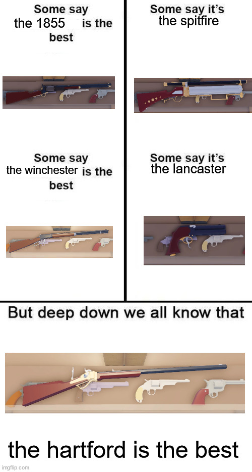 roblox wild west "best guns" | the spitfire; the 1855; the lancaster; the winchester; the hartford is the best | image tagged in deep down we all know that 4 panel is the best,roblox | made w/ Imgflip meme maker