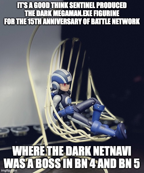 Dark MegaMan.EXE Figurine on a Chair | IT'S A GOOD THINK SENTINEL PRODUCED THE DARK MEGAMAN.EXE FIGURINE FOR THE 15TH ANNIVERSARY OF BATTLE NETWORK; WHERE THE DARK NETNAVI WAS A BOSS IN BN 4 AND BN 5 | image tagged in megaman,megaman battle network,memes | made w/ Imgflip meme maker