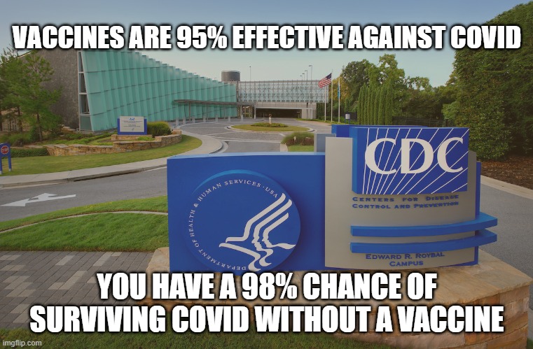 Covid 19 Vaccine |  VACCINES ARE 95% EFFECTIVE AGAINST COVID; YOU HAVE A 98% CHANCE OF SURVIVING COVID WITHOUT A VACCINE | image tagged in covid19,vaccines,cdc,disease,lockdown,masks | made w/ Imgflip meme maker
