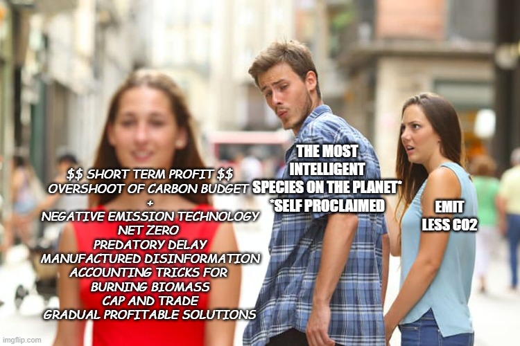 Distracted Boyfriend Meme | THE MOST INTELLIGENT SPECIES ON THE PLANET*

*SELF PROCLAIMED; $$ SHORT TERM PROFIT $$
OVERSHOOT OF CARBON BUDGET 
+
NEGATIVE EMISSION TECHNOLOGY
NET ZERO 
PREDATORY DELAY
MANUFACTURED DISINFORMATION
ACCOUNTING TRICKS FOR 
BURNING BIOMASS
CAP AND TRADE
GRADUAL PROFITABLE SOLUTIONS; EMIT LESS CO2 | image tagged in memes,distracted boyfriend,collapse | made w/ Imgflip meme maker