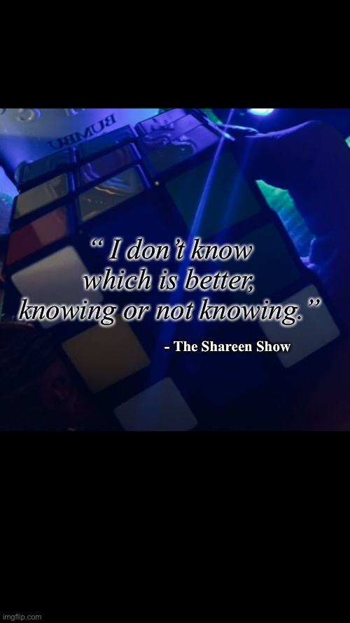 Life hacks | “ I don’t know which is better, knowing or not knowing.”; - The Shareen Show | image tagged in life hack,inspirational quote,quotes,history,love,books | made w/ Imgflip meme maker