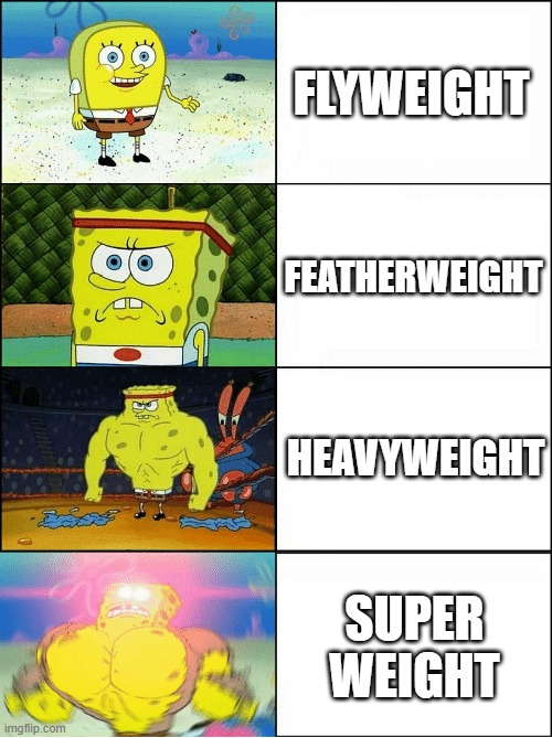 Sponge Finna Commit Muder | FLYWEIGHT; FEATHERWEIGHT; HEAVYWEIGHT; SUPER WEIGHT | image tagged in sponge finna commit muder | made w/ Imgflip meme maker