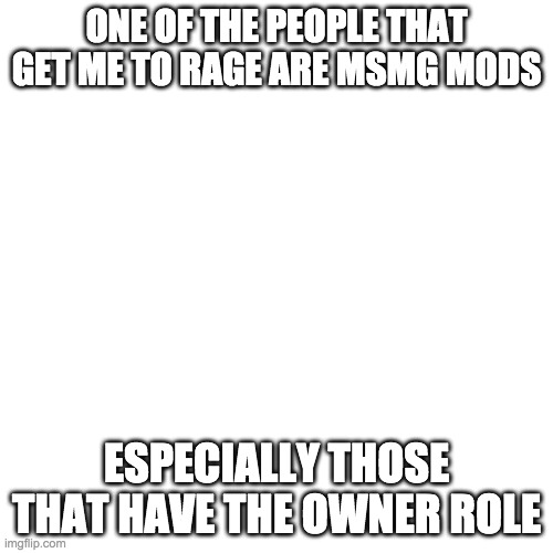 Blank Transparent Square Meme | ONE OF THE PEOPLE THAT GET ME TO RAGE ARE MSMG MODS; ESPECIALLY THOSE THAT HAVE THE OWNER ROLE | image tagged in memes,blank transparent square | made w/ Imgflip meme maker