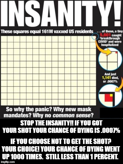 INSANITY!!!!!!!!!! | STOP THE INSANITY!! IF YOU GOT YOUR SHOT YOUR CHANCE OF DYING IS .0007%; IF YOU CHOOSE NOT TO GET THE SHOT? YOUR CHOICE! YOUR CHANCE OF DYING WENT UP 1000 TIMES.  STILL LESS THAN 1 PERCENT. | image tagged in stupid liberals,morons,idiots | made w/ Imgflip meme maker