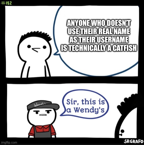Sir this is a wendys | ANYONE WHO DOESN’T USE THEIR REAL NAME AS THEIR USERNAME IS TECHNICALLY A CATFISH | image tagged in sir this is a wendys | made w/ Imgflip meme maker