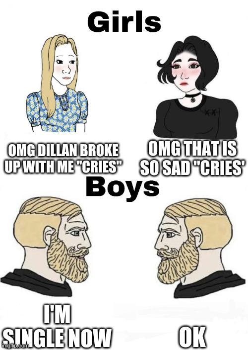 girls vs boys in relationships. | OMG DILLAN BROKE UP WITH ME "CRIES"; OMG THAT IS SO SAD "CRIES'; OK; I'M SINGLE NOW | image tagged in girls vs boys | made w/ Imgflip meme maker
