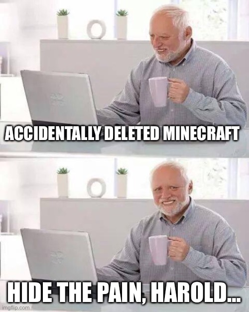 Hide the Pain Harold | ACCIDENTALLY DELETED MINECRAFT; HIDE THE PAIN, HAROLD… | image tagged in memes,hide the pain harold | made w/ Imgflip meme maker