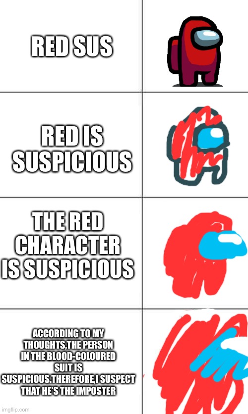 Oof | RED SUS; RED IS SUSPICIOUS; THE RED CHARACTER IS SUSPICIOUS; ACCORDING TO MY THOUGHTS,THE PERSON IN THE BLOOD-COLOURED SUIT IS SUSPICIOUS.THEREFORE,I SUSPECT THAT HE’S THE IMPOSTER | image tagged in increasingly buff red crewmate | made w/ Imgflip meme maker