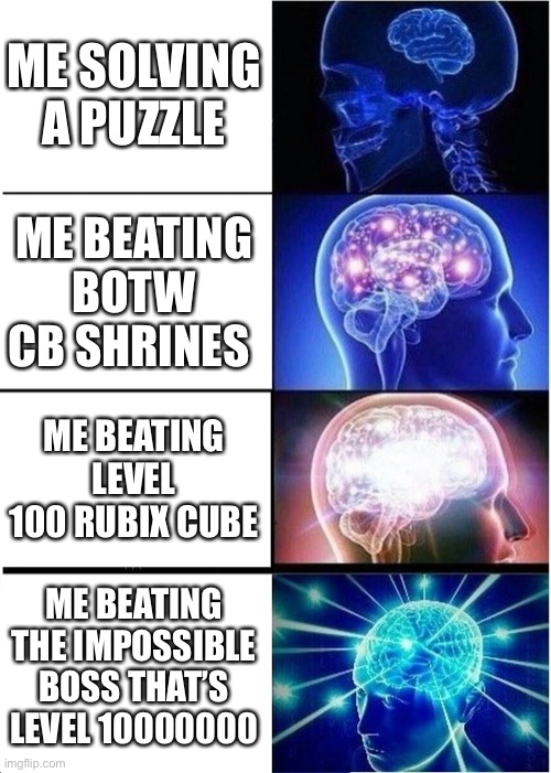 Me at puzzle games and puzzles | ME SOLVING A PUZZLE; ME BEATING BOTW CB SHRINES; ME BEATING LEVEL 100 RUBIX CUBE; ME BEATING THE IMPOSSIBLE BOSS THAT’S LEVEL 10000000 | image tagged in memes,expanding brain | made w/ Imgflip meme maker