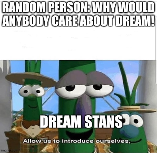Stans be like | RANDOM PERSON: WHY WOULD ANYBODY CARE ABOUT DREAM! DREAM STANS | image tagged in allow us to introduce ourselves,dream | made w/ Imgflip meme maker