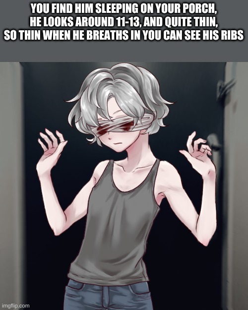 YOU FIND HIM SLEEPING ON YOUR PORCH, HE LOOKS AROUND 11-13, AND QUITE THIN, SO THIN WHEN HE BREATHS IN YOU CAN SEE HIS RIBS | made w/ Imgflip meme maker