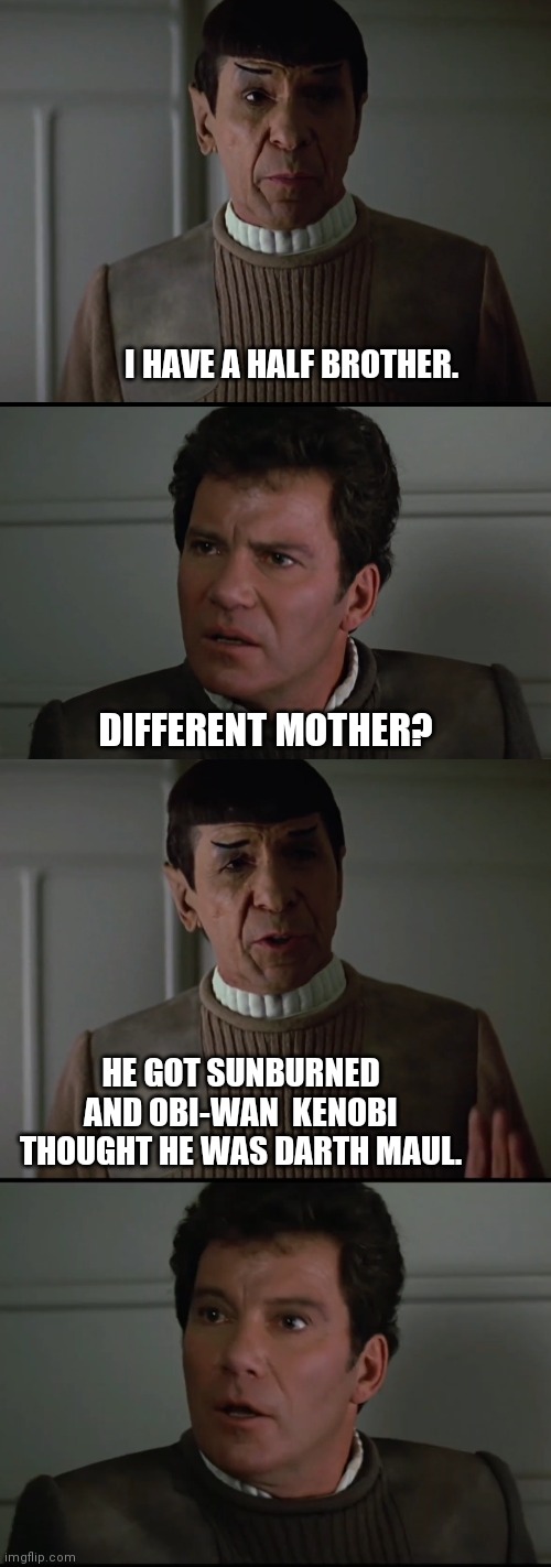 Spock's half brother. | I HAVE A HALF BROTHER. DIFFERENT MOTHER? HE GOT SUNBURNED AND OBI-WAN  KENOBI THOUGHT HE WAS DARTH MAUL. | image tagged in blank black,star trek captain kirk about spock's brother 2,star trek spock mentions his brother 3 | made w/ Imgflip meme maker