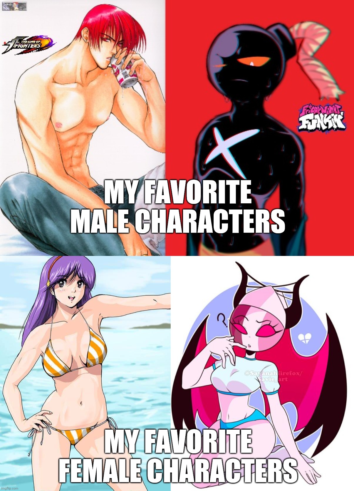 My Favorite Male and Female FNF X KOF Characters: Iori, Whitty, Athena and Sarvente | MY FAVORITE MALE CHARACTERS; MY FAVORITE FEMALE CHARACTERS | image tagged in king of fighters,friday night funkin,iori,whitty,athena,sarvente | made w/ Imgflip meme maker