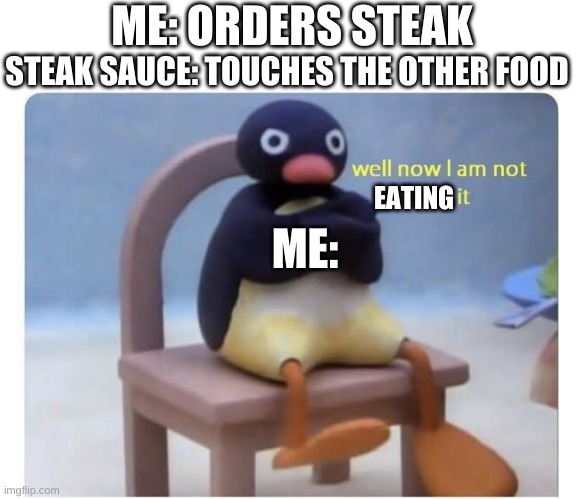 well now I am not eating it | ME: ORDERS STEAK; STEAK SAUCE: TOUCHES THE OTHER FOOD; ME:; EATING | image tagged in well now i am not doing it,relatable,memes,you had one job,wtf,funny | made w/ Imgflip meme maker