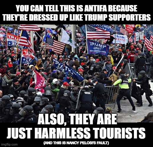 YOU CAN TELL THIS IS ANTIFA BECAUSE THEY'RE DRESSED UP LIKE TRUMP SUPPORTERS; ALSO, THEY ARE JUST HARMLESS TOURISTS; (AND THIS IS NANCY PELOSI'S FAULT) | made w/ Imgflip meme maker