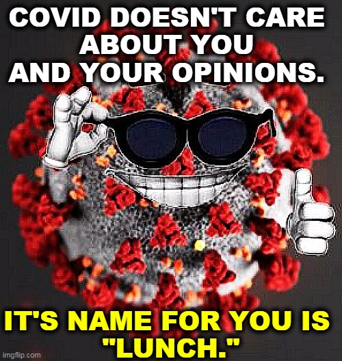 Lunch! | COVID DOESN'T CARE 
ABOUT YOU 
AND YOUR OPINIONS. IT'S NAME FOR YOU IS 
"LUNCH." | image tagged in covid 19 coronavirus smile,no,politics,just,disease | made w/ Imgflip meme maker