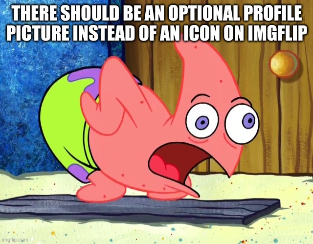 Mocking Patrick | THERE SHOULD BE AN OPTIONAL PROFILE PICTURE INSTEAD OF AN ICON ON IMGFLIP | image tagged in mocking patrick | made w/ Imgflip meme maker