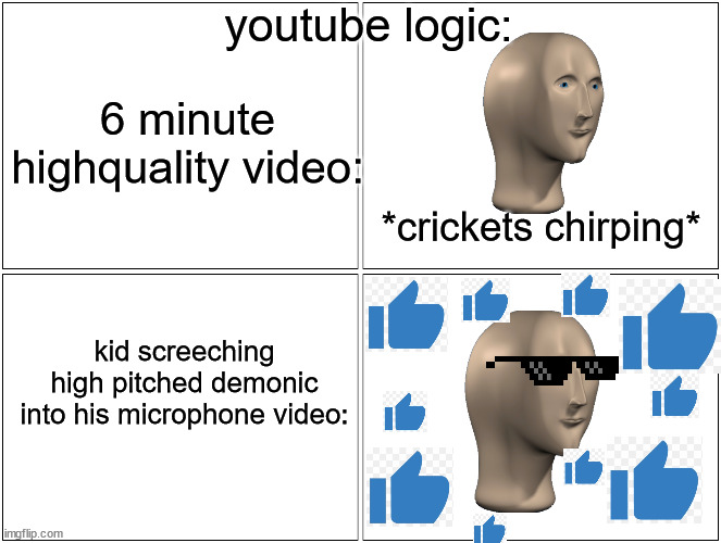 youtube in a nutshell | youtube logic:; 6 minute highquality video:; *crickets chirping*; kid screeching high pitched demonic into his microphone video: | image tagged in memes,blank comic panel 2x2 | made w/ Imgflip meme maker