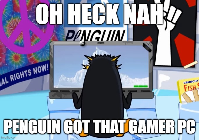 oh heck nah | OH HECK NAH; PENGUIN GOT THAT GAMER PC | image tagged in penguin at computer,memes,funny,probably shouldnt have put funny,that made it more cringe lol | made w/ Imgflip meme maker