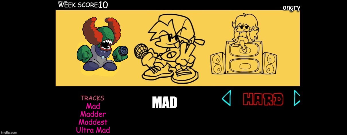 week mad | 10; angry; MAD; Mad
Madder
Maddest
Ultra Mad | image tagged in fnf custom week | made w/ Imgflip meme maker