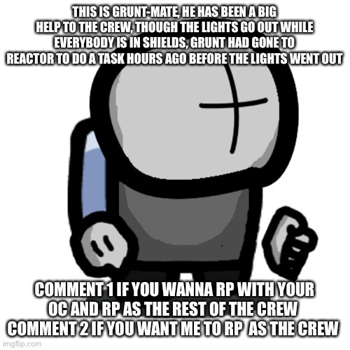 Among us rp | THIS IS GRUNT-MATE, HE HAS BEEN A BIG HELP TO THE CREW, THOUGH THE LIGHTS GO OUT WHILE EVERYBODY IS IN SHIELDS, GRUNT HAD GONE TO REACTOR TO DO A TASK HOURS AGO BEFORE THE LIGHTS WENT OUT; COMMENT 1 IF YOU WANNA RP WITH YOUR OC AND RP AS THE REST OF THE CREW  COMMENT 2 IF YOU WANT ME TO RP  AS THE CREW | image tagged in ty purple for the idea | made w/ Imgflip meme maker
