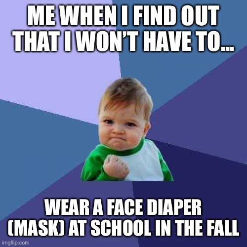 A Step in the Right Direction | ME WHEN I FIND OUT THAT I WON’T HAVE TO... WEAR A FACE DIAPER (MASK) AT SCHOOL IN THE FALL | image tagged in memes,success kid,mask,face mask,happiness,tears of joy | made w/ Imgflip meme maker