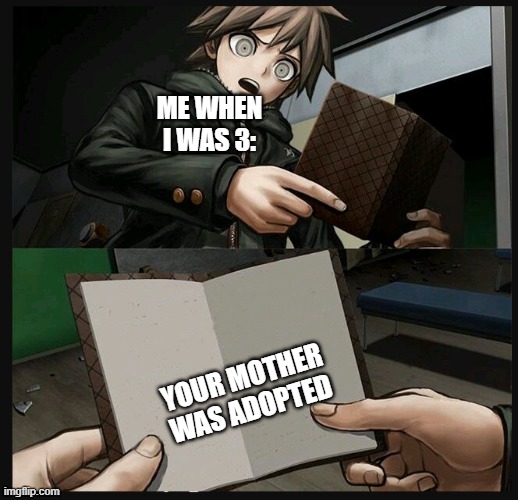idk idk idk idk idk idk idk idk idk idk idk idk idk idk | ME WHEN I WAS 3:; YOUR MOTHER WAS ADOPTED | image tagged in makoto naegi opening kirigiri's notebook danganronpa template | made w/ Imgflip meme maker