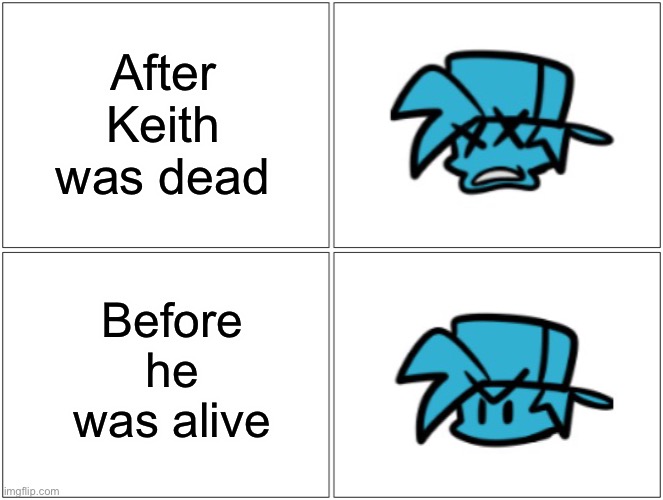 Blank Comic Panel 2x2 Meme | After Keith was dead; Before he was alive | image tagged in memes,blank comic panel 2x2 | made w/ Imgflip meme maker