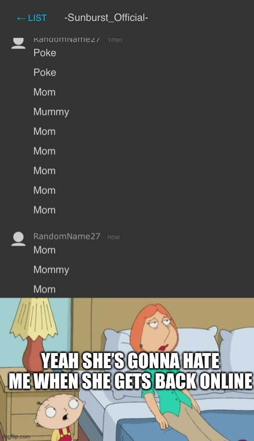 YEAH SHE’S GONNA HATE ME WHEN SHE GETS BACK ONLINE | image tagged in mom mommy | made w/ Imgflip meme maker