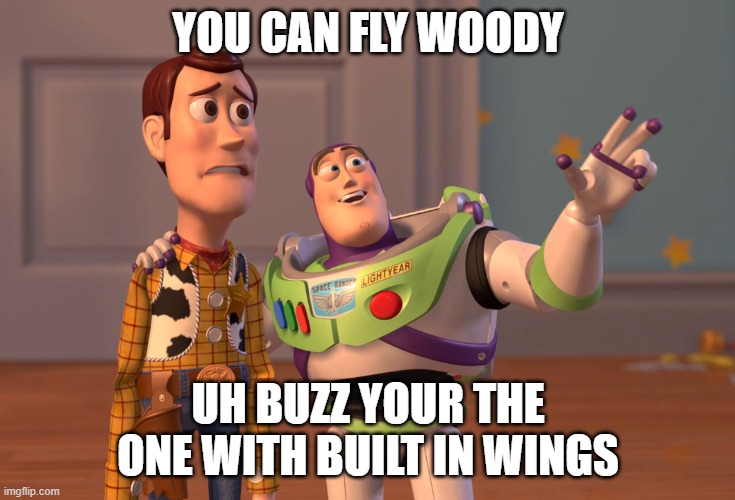 X, X Everywhere Meme | YOU CAN FLY WOODY; UH BUZZ YOUR THE ONE WITH BUILT IN WINGS | image tagged in memes,x x everywhere | made w/ Imgflip meme maker