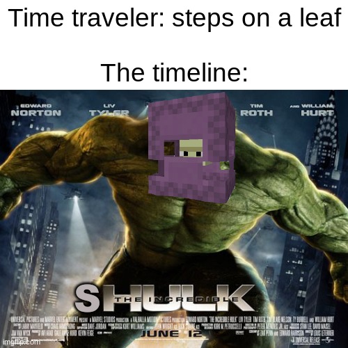 Time traveler: steps on a leaf
ㅤ
The timeline:; S | image tagged in blank white template,hulk | made w/ Imgflip meme maker