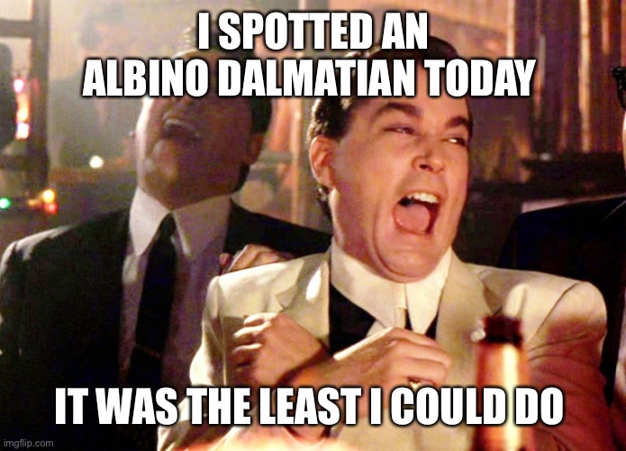 Good Fellas Hilarious Meme | I SPOTTED AN ALBINO DALMATIAN TODAY; IT WAS THE LEAST I COULD DO | image tagged in memes,good fellas hilarious | made w/ Imgflip meme maker