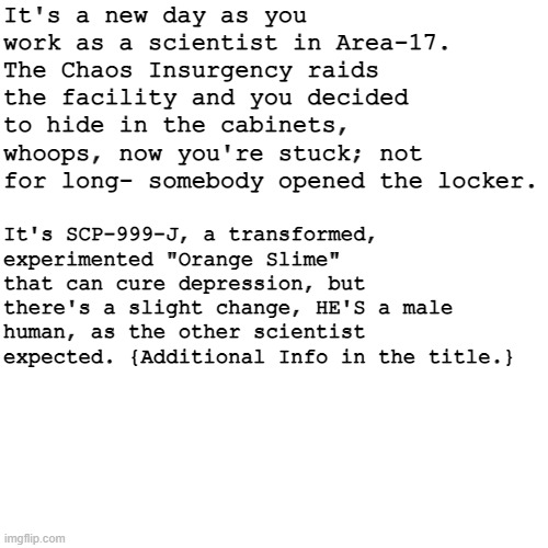 Additional info: The facility doesn't look good as the Chaos Insurgency broke it, two of you try to escape, and the story starts | It's a new day as you work as a scientist in Area-17. The Chaos Insurgency raids the facility and you decided to hide in the cabinets, whoops, now you're stuck; not for long- somebody opened the locker. It's SCP-999-J, a transformed, experimented "Orange Slime" that can cure depression, but there's a slight change, HE'S a male human, as the other scientist expected. {Additional Info in the title.} | image tagged in memes,blank transparent square | made w/ Imgflip meme maker