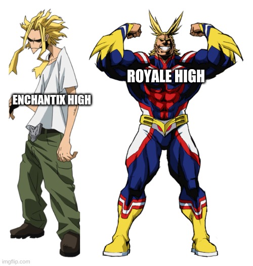 funni royale high meme haha funni | ROYALE HIGH; ENCHANTIX HIGH | image tagged in my hero academia all might weak vs strong | made w/ Imgflip meme maker