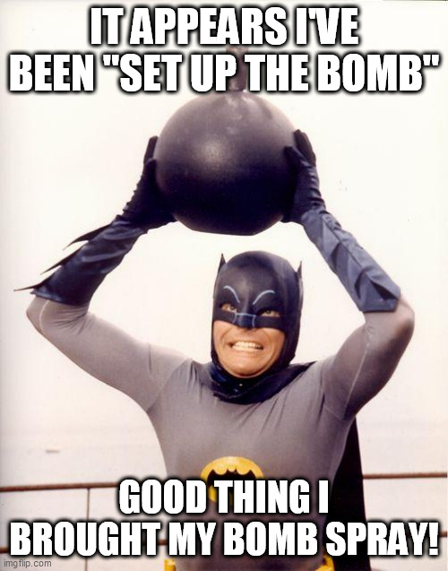 batman bomb | IT APPEARS I'VE BEEN "SET UP THE BOMB"; GOOD THING I BROUGHT MY BOMB SPRAY! | image tagged in batman bomb,memes | made w/ Imgflip meme maker