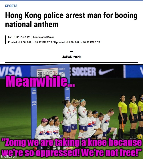 Worlds Apart | Meanwhile... "Zomg we are taking a knee because we're so oppressed! We're not free!" | image tagged in liberals,left,hypocrisy,entitled,crybabies,democrats | made w/ Imgflip meme maker