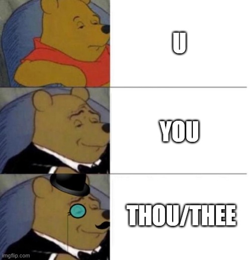 Tuxedo Winnie the Pooh (3 panel) | U; YOU; THOU/THEE | image tagged in tuxedo winnie the pooh 3 panel | made w/ Imgflip meme maker