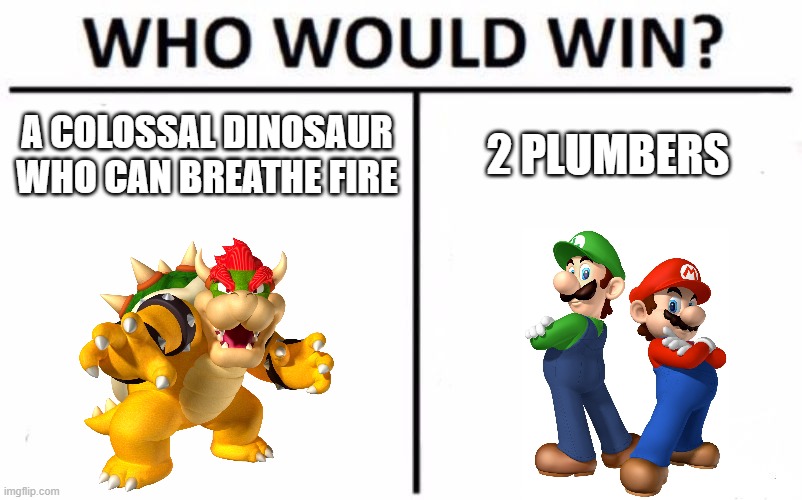 This be the whole Mario series |  A COLOSSAL DINOSAUR WHO CAN BREATHE FIRE; 2 PLUMBERS | image tagged in memes,who would win | made w/ Imgflip meme maker