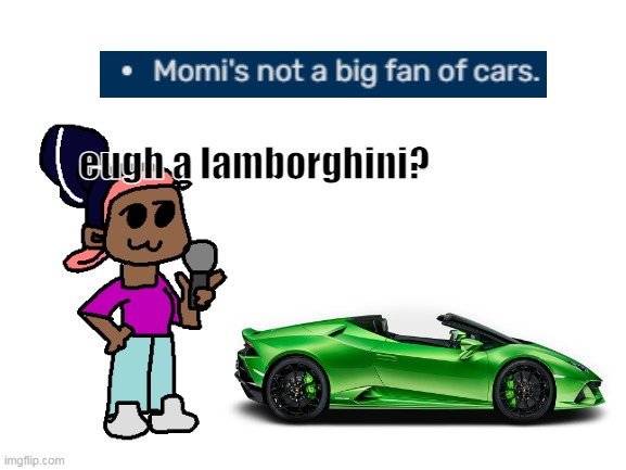 momi not a fan of this lambo | eugh a lamborghini? | image tagged in blank white template | made w/ Imgflip meme maker